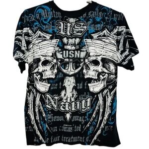 APPRIME Cyber Y2K Distressed U.S. Navy Skull & Crossbones Graphic T-Shirt Size M